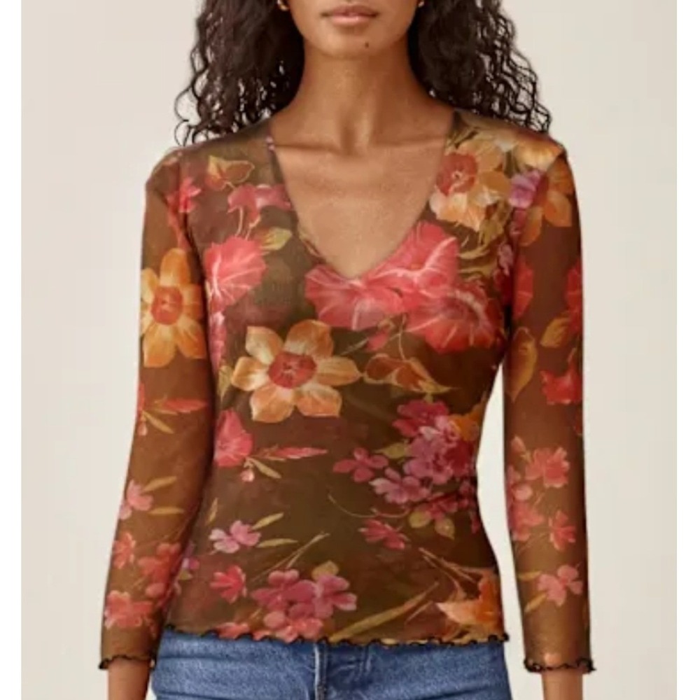 Therapy Vintage 90s Y2K Brown Floral Mesh V-Neck Bodycon Top Made in USA Size L